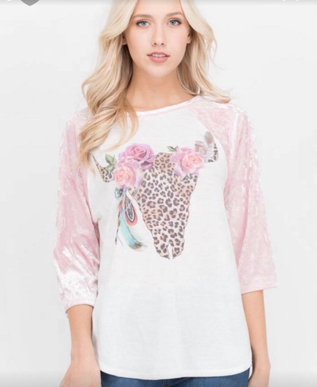 Crushed Velvet Sleeves with Leopard Steer Head top