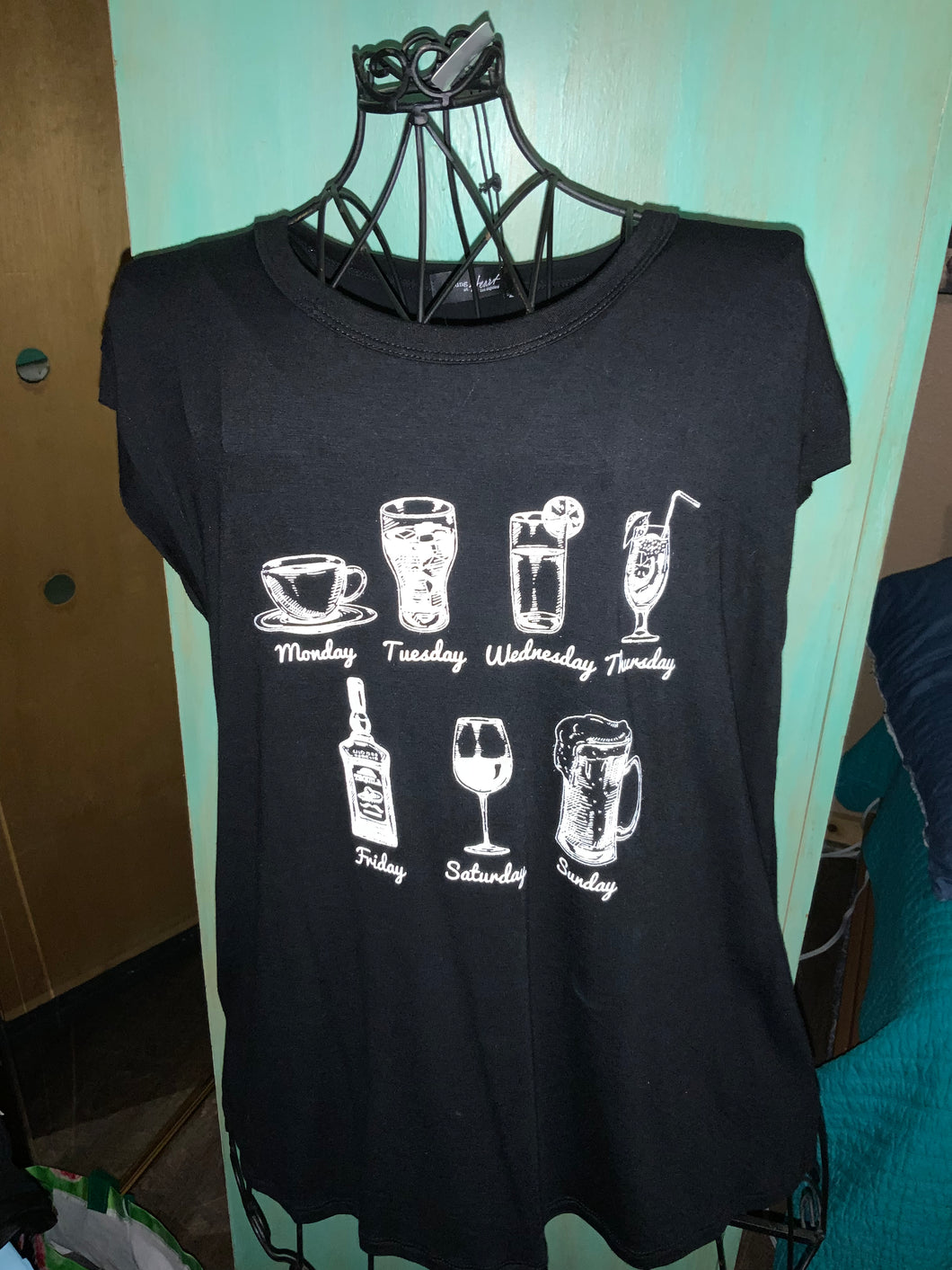 Super Fun Black Tee with Small Different Drinks for Each day!
