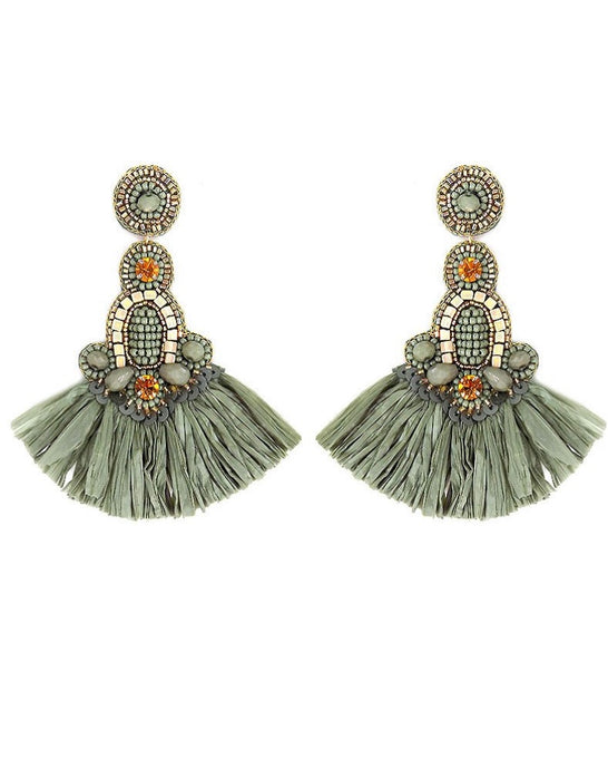 Sage Embellished Raffia Fan Tassel Earrings