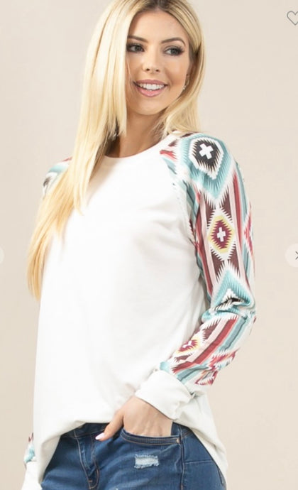 Aztec Print Color Block Long Sleeve Top