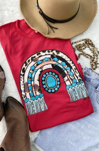 Super Cute Turquoise and Red Crew Neck Tee Shirt with Leopard