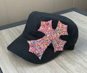 Black Cadet cap with Bling pink Cross