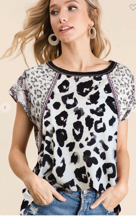 Black and White Leopard Print Top with Detail and Snake Skin