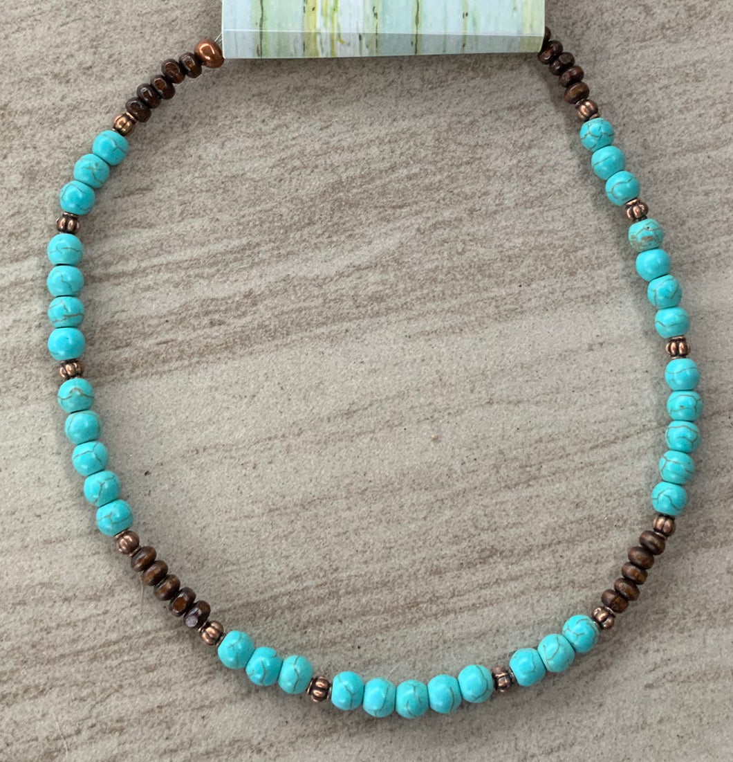 Blue Turquoise Choker necklace with wood and copper beads