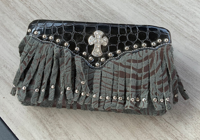 Clutch Wallet with Fringe and Cross Accent