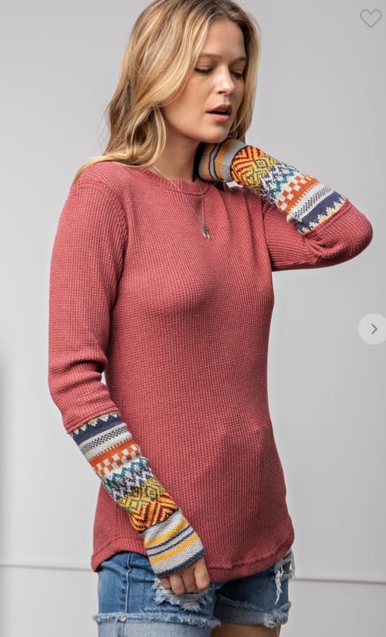 Tribal Accent Long Sleeve Ribbed Thermal Top