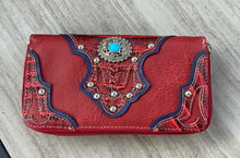 Load image into Gallery viewer, Red leatherette Wallet with Turquoise Conchos and Studs