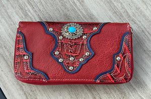 Red leatherette Wallet with Turquoise Conchos and Studs