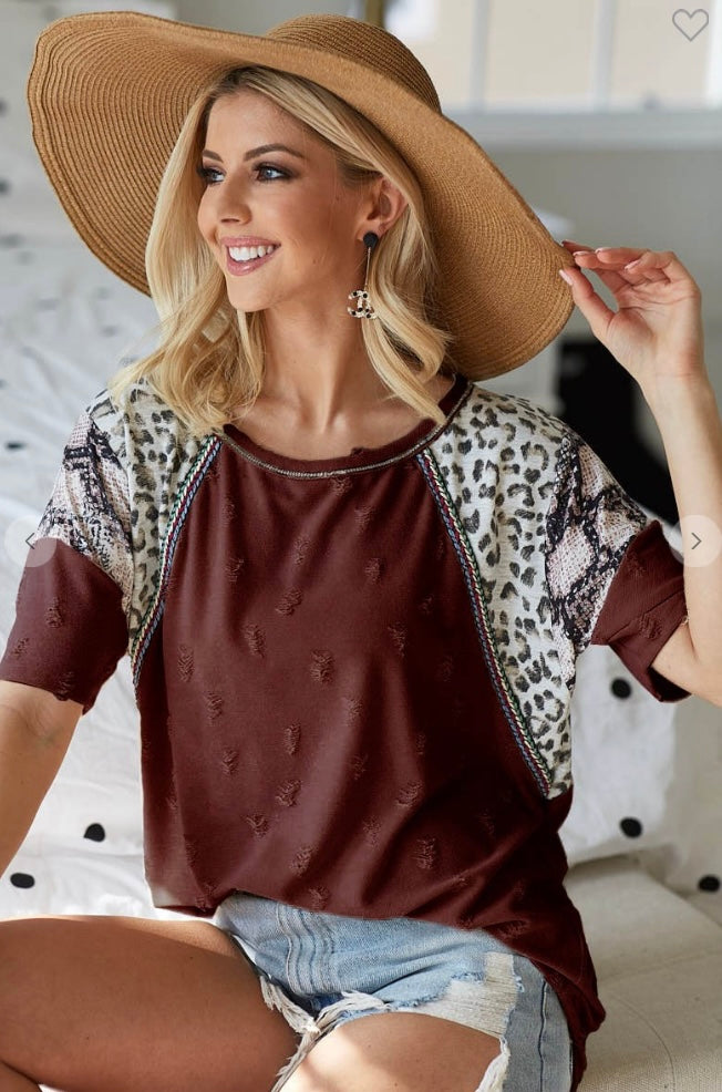 Distress Jacquard Knit With Leopard Snake Skin Top