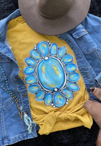 Turquoise Bling Accent And Mustard Short Sleeve Tee
