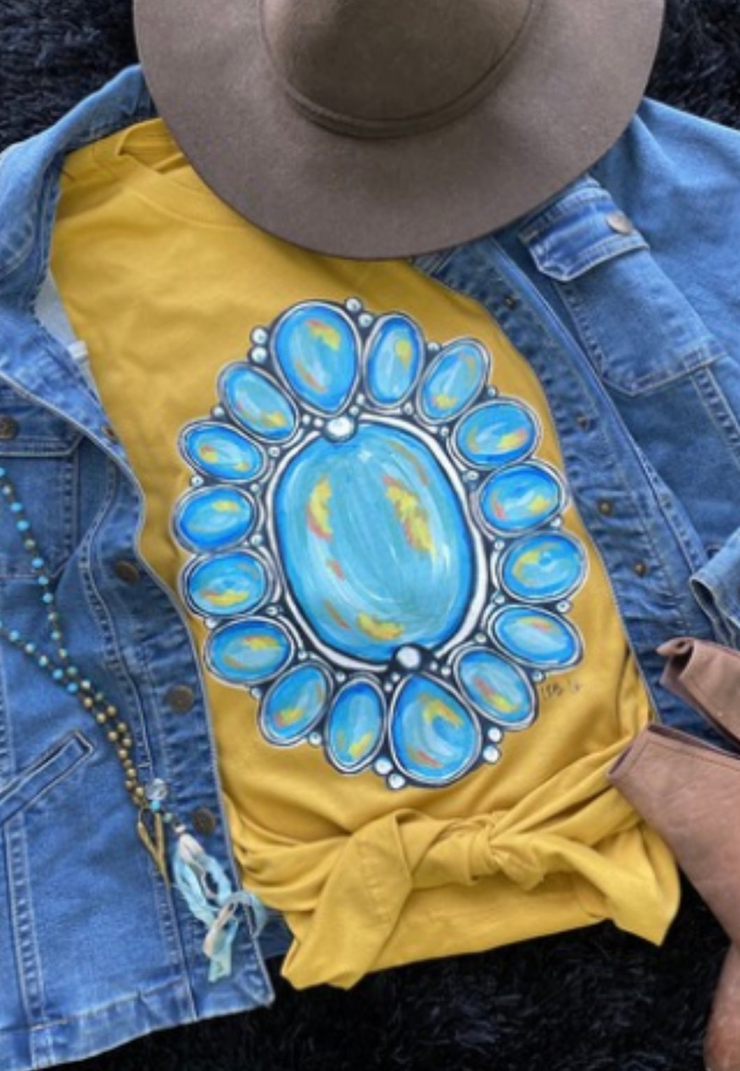 Turquoise Bling Accent And Mustard Short Sleeve Tee