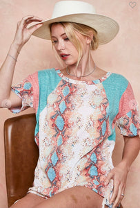 Super Cute Turquoise an Coral Snake Print Top