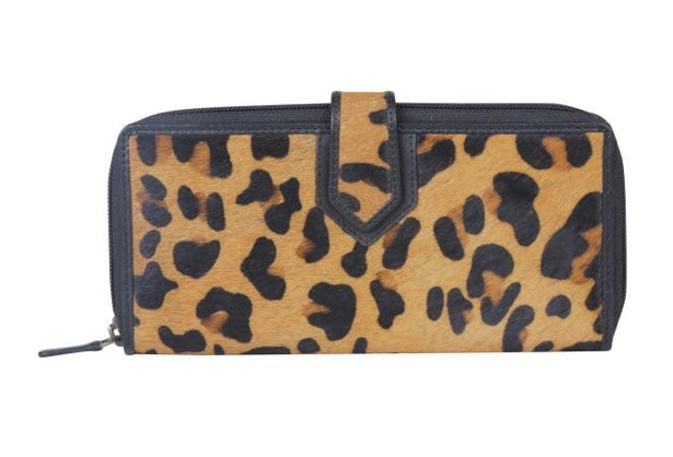 Leopard Cowhide Wallet with Zipper Closure