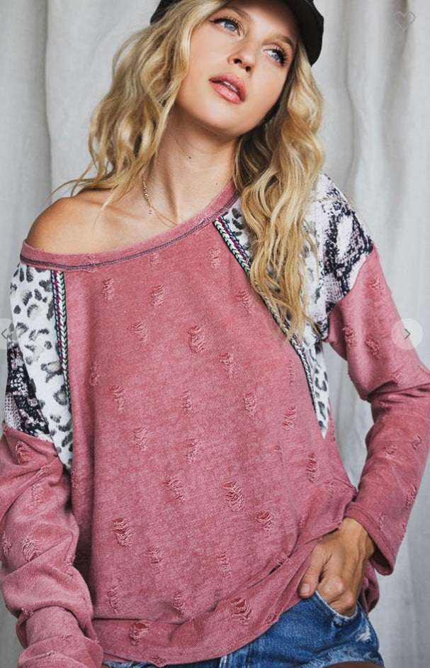 Super Cute Distressed Knit Top with Leopard and Snake Accents with Touches of Embroidery