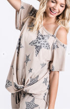 Load image into Gallery viewer, Leopard And Star Asymmetric Shoulder Knot Top with Long Lounge Pants
