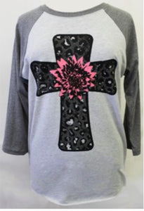 Leopard Cross with Pink flower Baseball type sleeves
