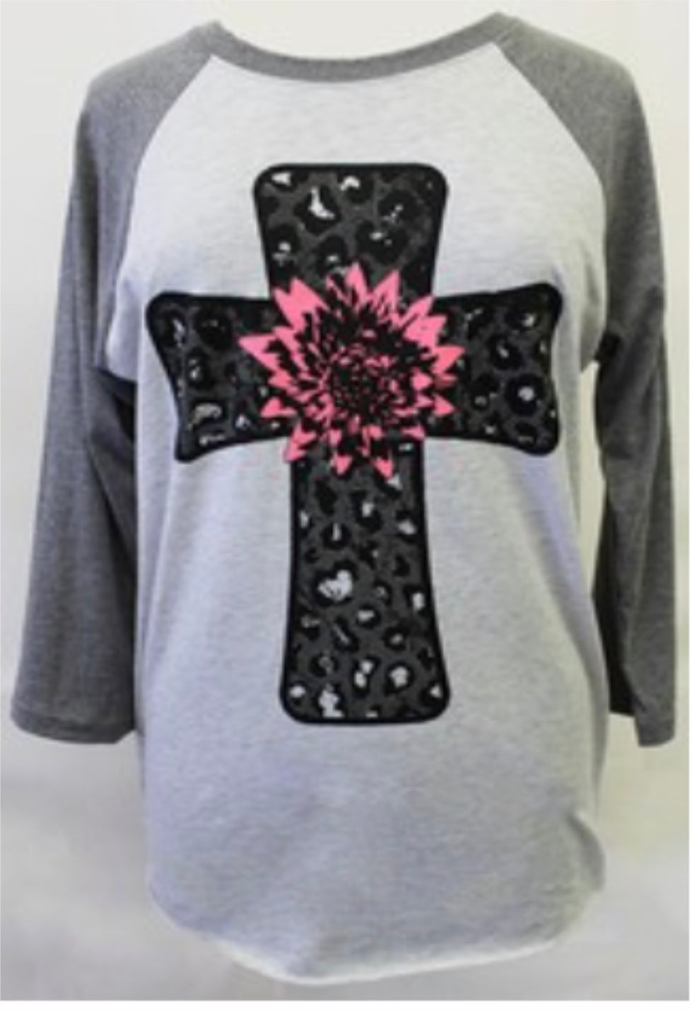 Leopard Cross with Pink flower Baseball type sleeves