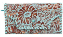 Load image into Gallery viewer, Turquoise and Brown Wallet with Whip Stitching