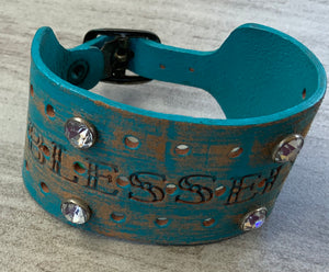 Turquoise Distressed  Blessed Buckle Closer with Rhinestone Accents