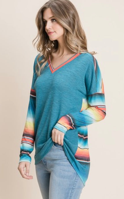 Striped Color Block V Neck Long Sleeve Top with Serape
