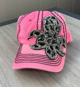 Pink Distressed color Ball cap!! Bling Black Fleur de