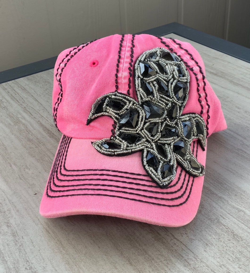 Pink Distressed color Ball cap!! Bling Black Fleur de