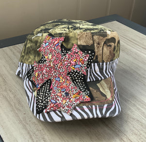 Camo Cadet Hat with Zebra accent and Bling Cross adjustable