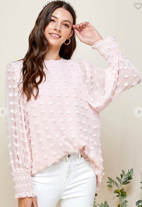 Light Pink Blush Top with Small Pom Pom Dots