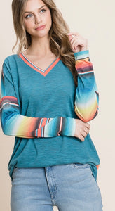 Striped Color Block V Neck Long Sleeve Top with Serape