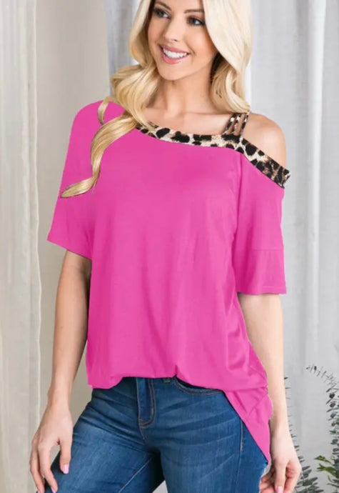 Cold Shoulder With Leopard Trim Top