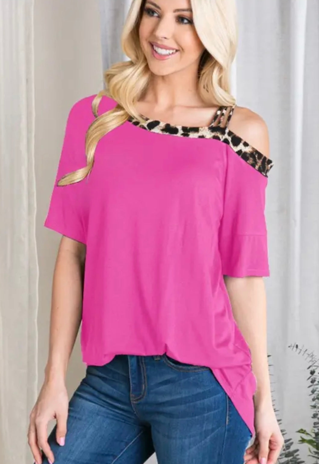 Cold Shoulder With Leopard Trim Top