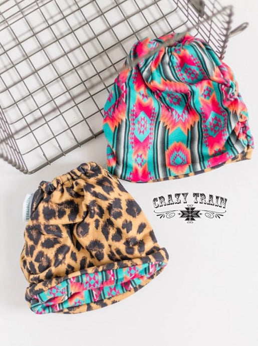 Leopard Coral Aztec BANDITO PonyTail or Messy Bun Beanie