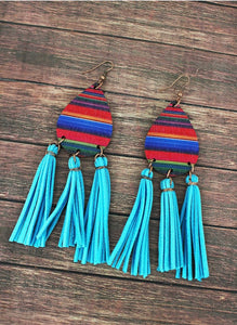 Serape Wood Teardrop Blue tassel fringe Earrings