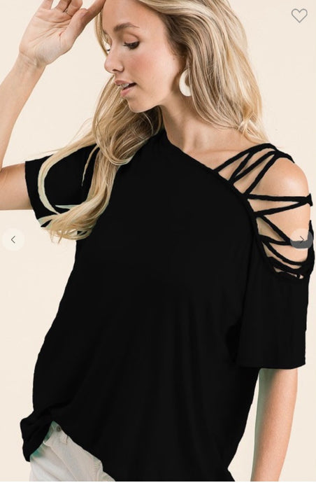 Super Cute Cage Shoulder Black Top
