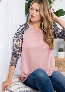 Mauve Super Soft French Terry Top with Mixed Sleeved Pattern and Leopard