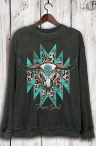 Leopard and  Teal Cow Skull Sweatshirt Mineral Wash