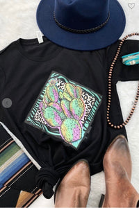 Super Cute Tee with Black and Turquoise Cactus Leopard Accents