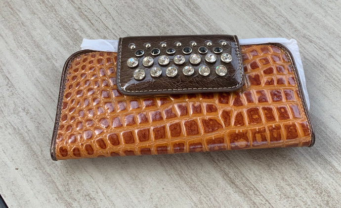 Leather Wallet with Croc design Rhinestone Studs