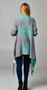 Turquoise  and Grey with Fringe Hem Sweater