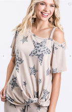 Load image into Gallery viewer, Leopard And Star Asymmetric Shoulder Knot Top with Long Lounge Pants