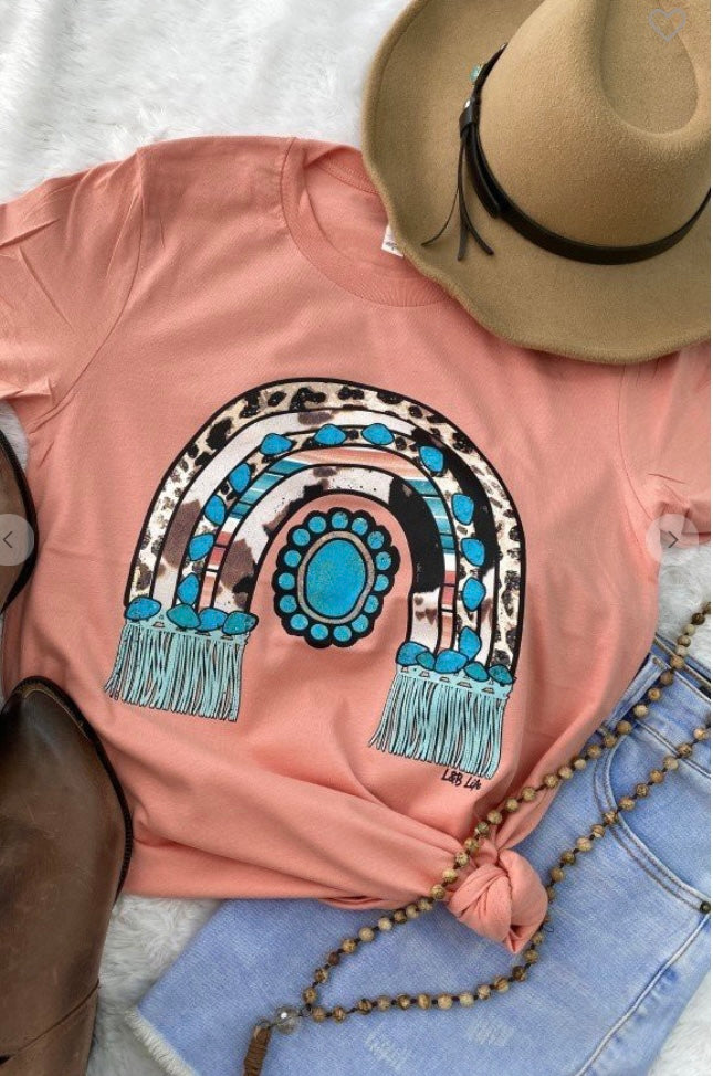 Sunset Color Tee with Turquoise and Leopard Accents