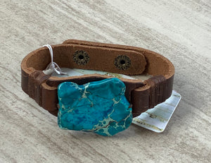 Narrow Leather Cuff Bracelet with Turquoise Center Accent piece