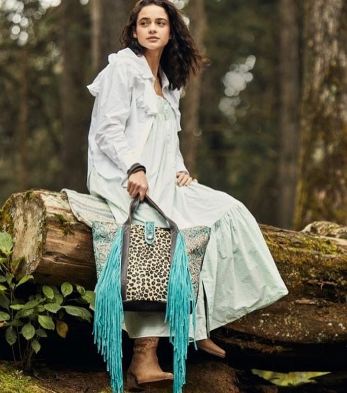 Leopard and Turquoise’s Leather Handbag with Fringe