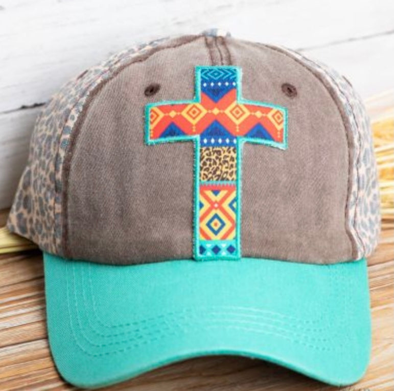 Vibrant Aztec Baseball Cap with Cross and Leopard Back