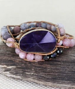 Purple Pyramid Stone mixed Bead Wrap Toggle Bracelet
