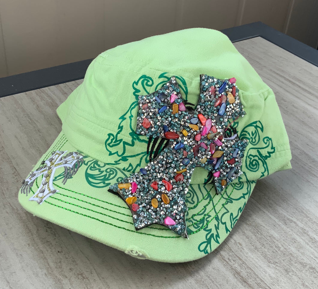 Lime Green Cadet Hat with Bling Cross adjustable