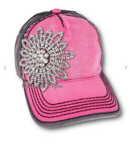 Crystal Flower Pink and Grey Ball Cap Adjustable Hat