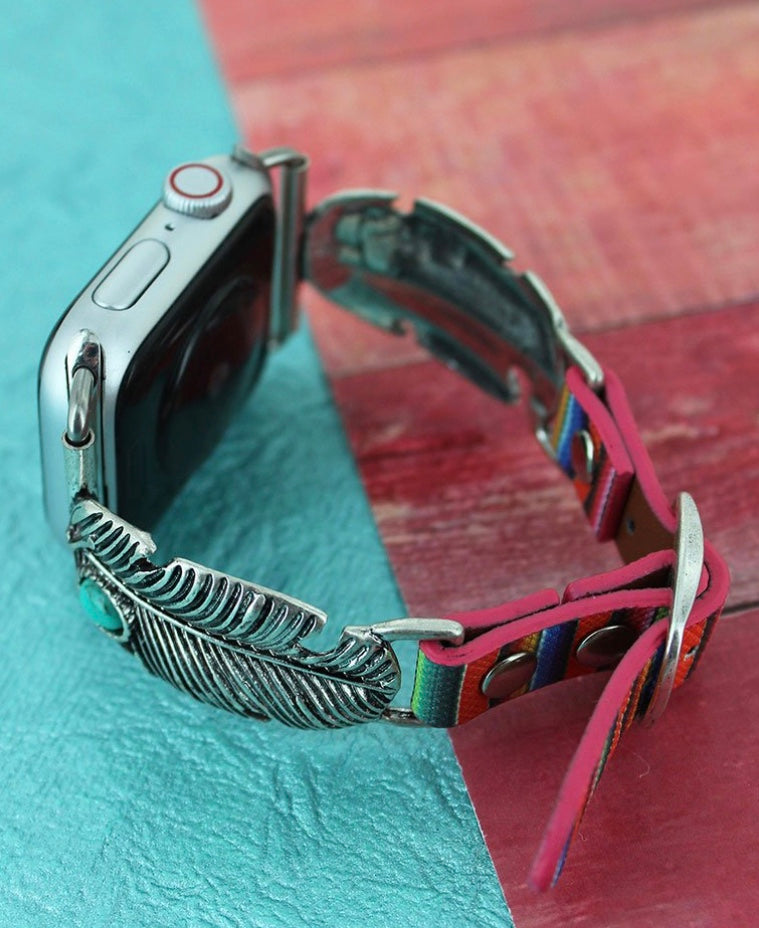 Turquoise and Silvertone Feather Serape Band for Apple Watch