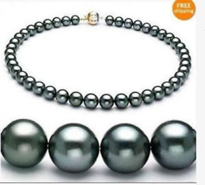 Stunning freshwater 10-12mm round black green pearl necklace 18inch
